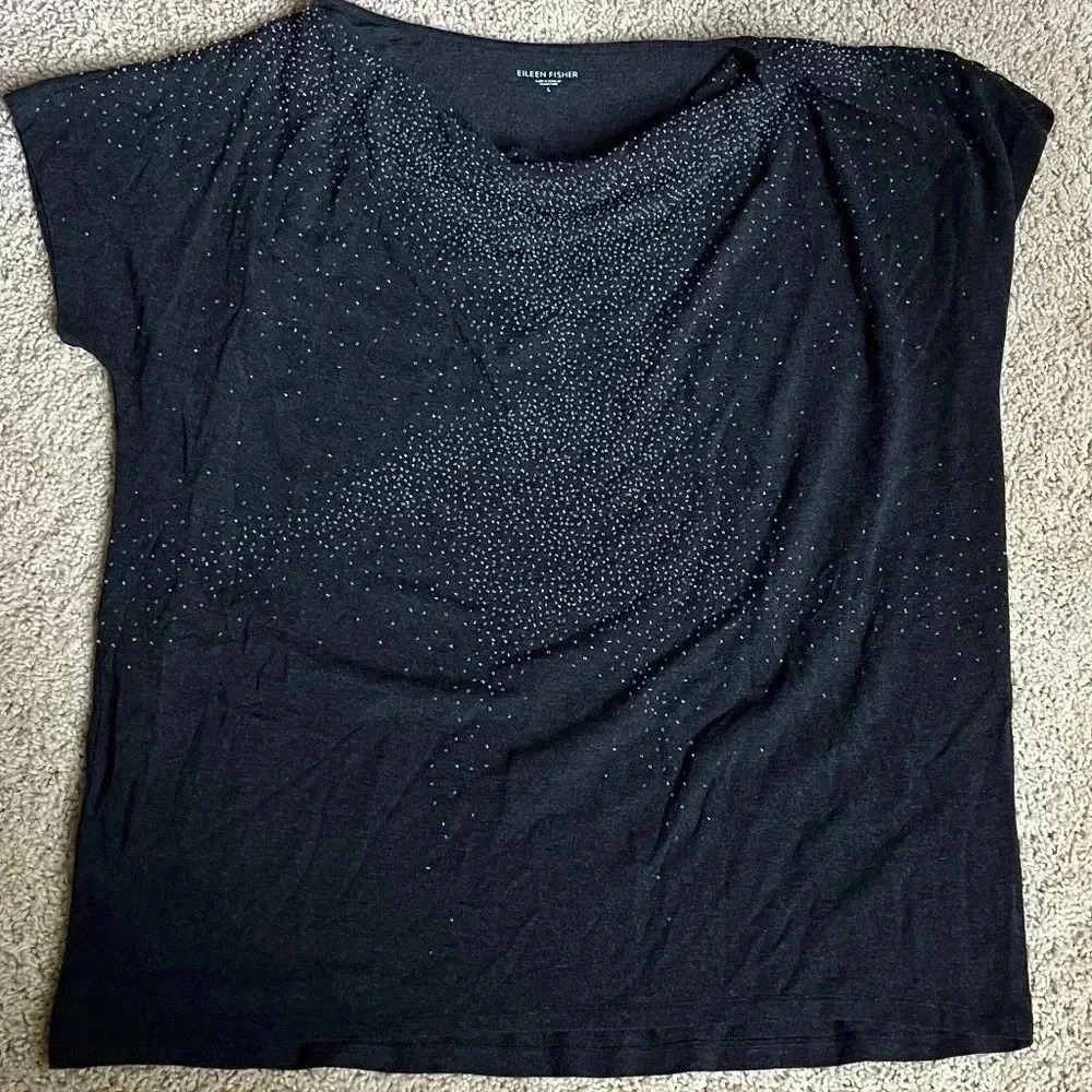 Eileen Fisher Beaded cowl neck short sleeved shirt size L